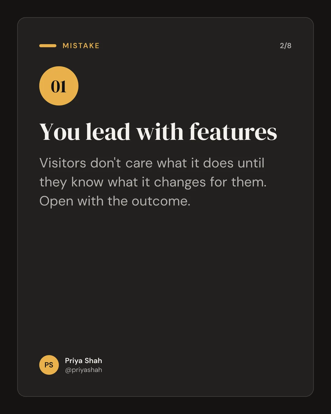 The same carousel as Priya Shah's brand: Minimal Card · DM Serif + DM Sans, slide 2