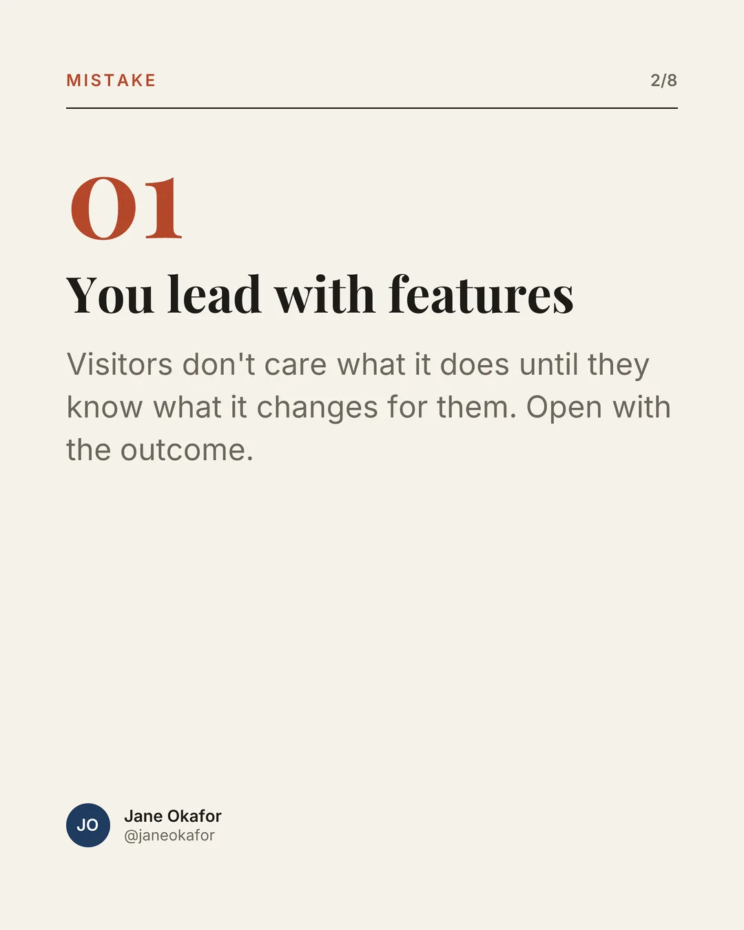 Slide 2 of a carousel about why SaaS landing pages fail, Editorial template